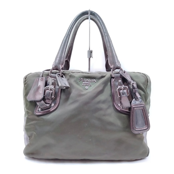 PRADA Handbag - Olive Green Nylon & Leather Trim w/ lock & key. - Picture 3 of 14